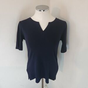 Talbots Women's Navy Blue V Neck Split Sleeve Pima Cotton Tee Top XS